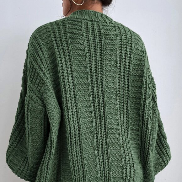 Green Casual Womens Solid Button Front Cable Knit Cardigan - Picture 2 of 5